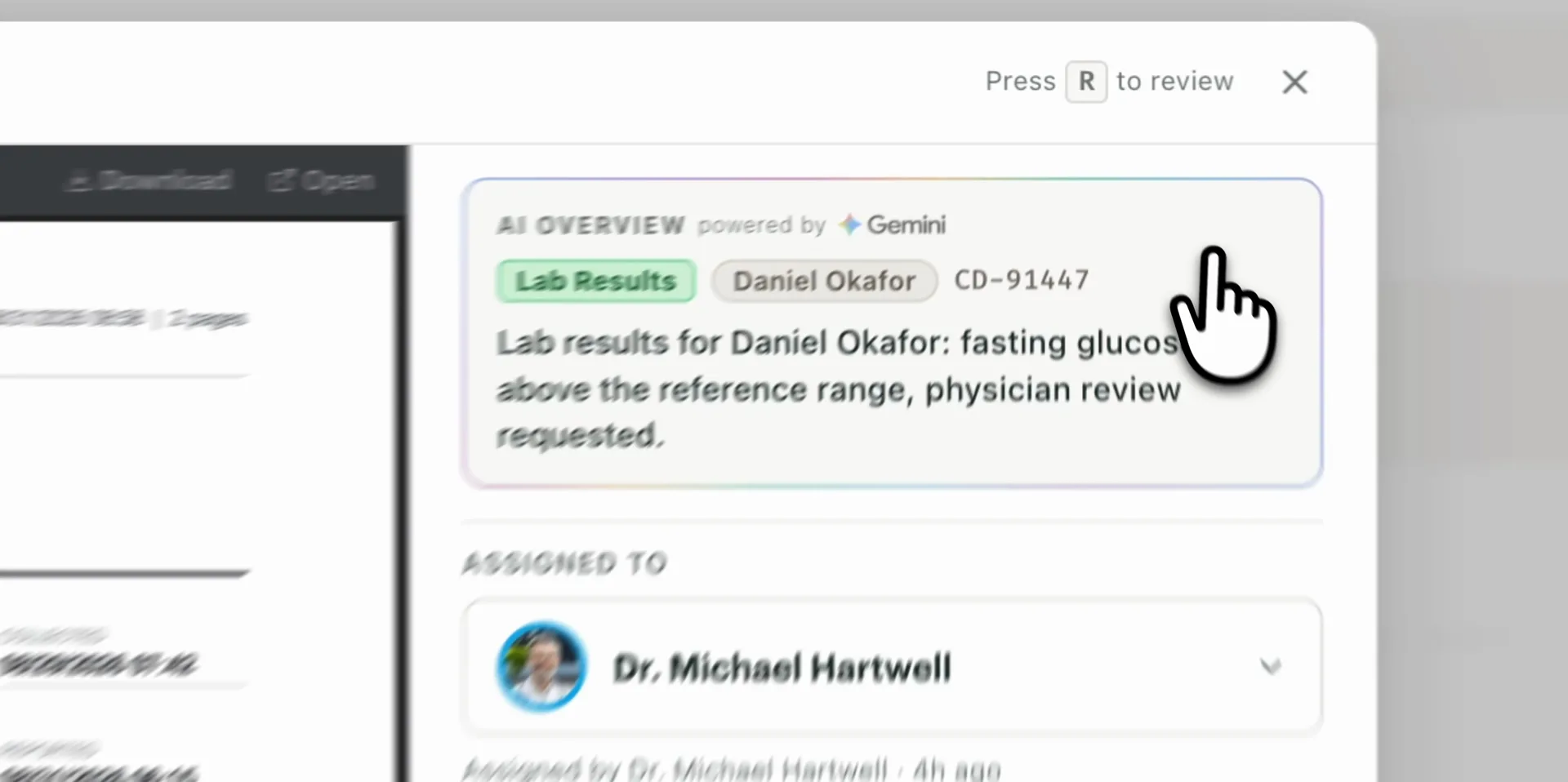 Opening a received lab report and marking it reviewed in the Fax Pigeon inbox