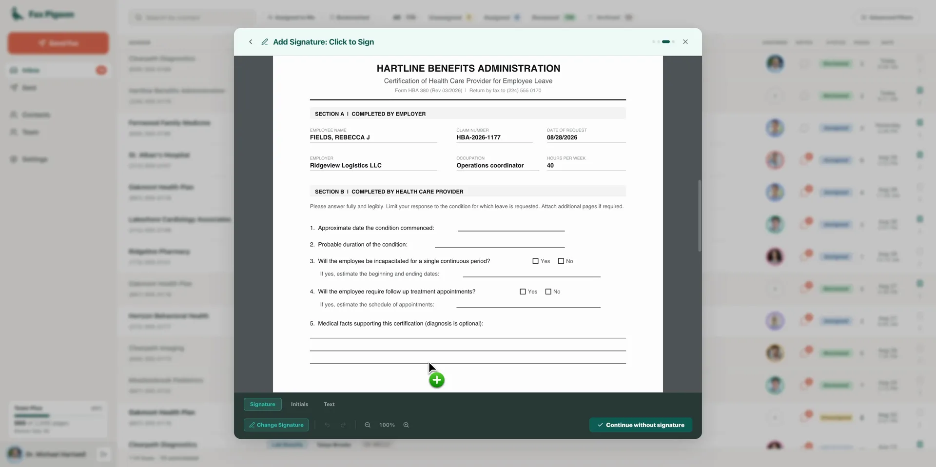 Sending a fax in Fax Pigeon: uploading a form, adding a cover sheet, placing a saved signature and date, and sending